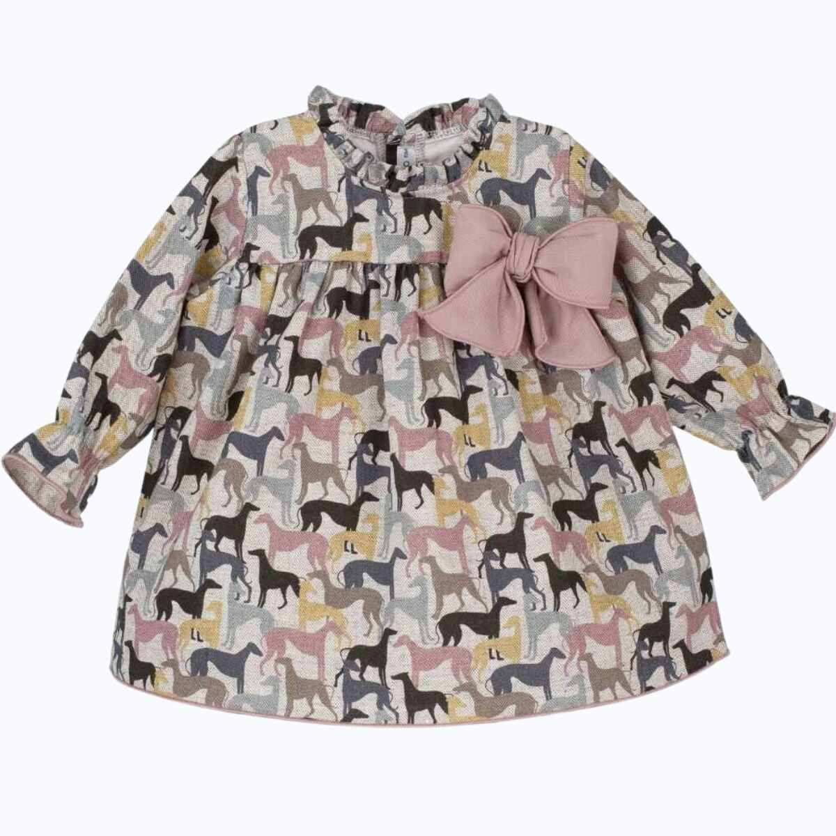 GRILS PUPPY PRINT FRILLED NECK DRESS WITH BIG BOW CALAMARO - 1