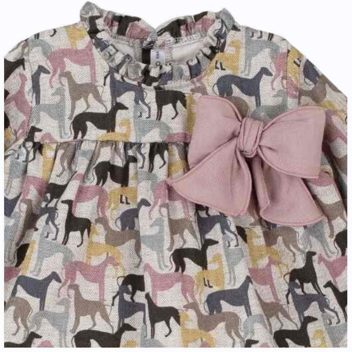 GRILS PUPPY PRINT FRILLED NECK DRESS WITH BIG BOW CALAMARO - 2