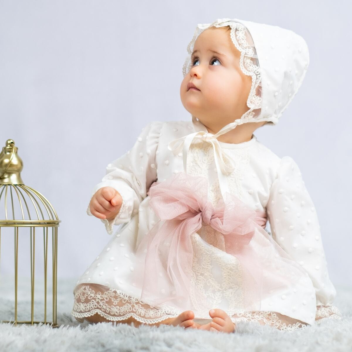 CHRISTENING DRESS WITH BLOOMER AND BONNET MISHA BABY - 1