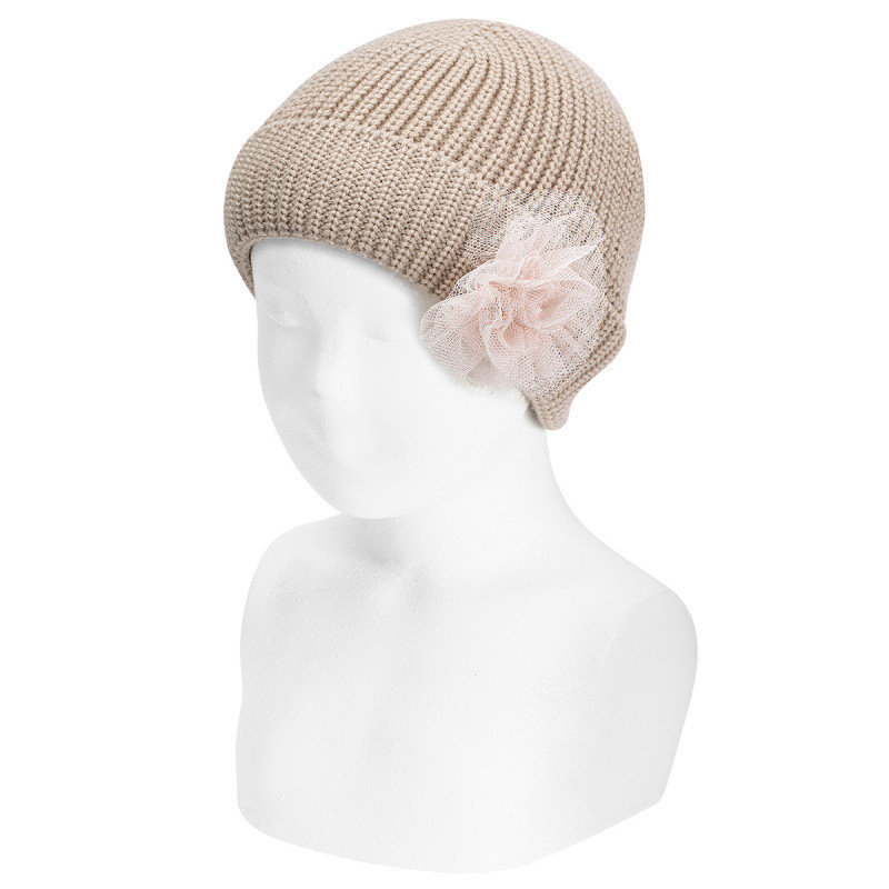 ENGLISH STITCH FOLD-OVER KNIT HAT W/TULLE FLOWER CONDOR - 3