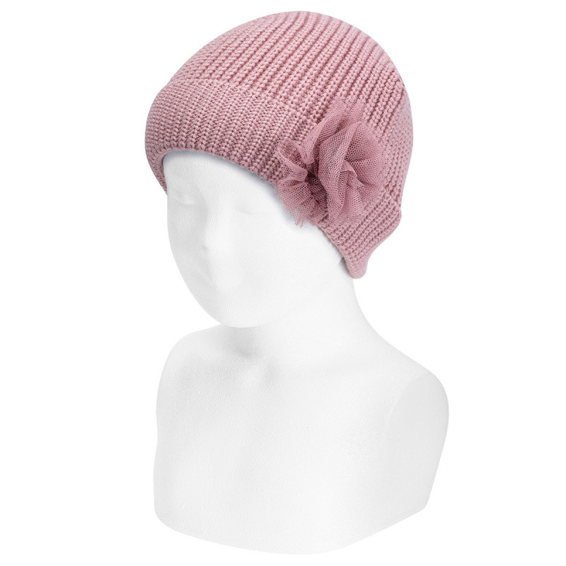 ENGLISH STITCH FOLD-OVER KNIT HAT W/TULLE FLOWER CONDOR - 4