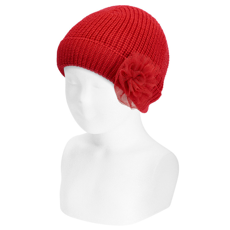 ENGLISH STITCH FOLD-OVER KNIT HAT W/TULLE FLOWER CONDOR - 1