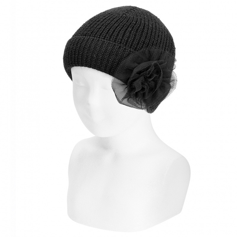 ENGLISH STITCH FOLD-OVER KNIT HAT W/TULLE FLOWER CONDOR - 5