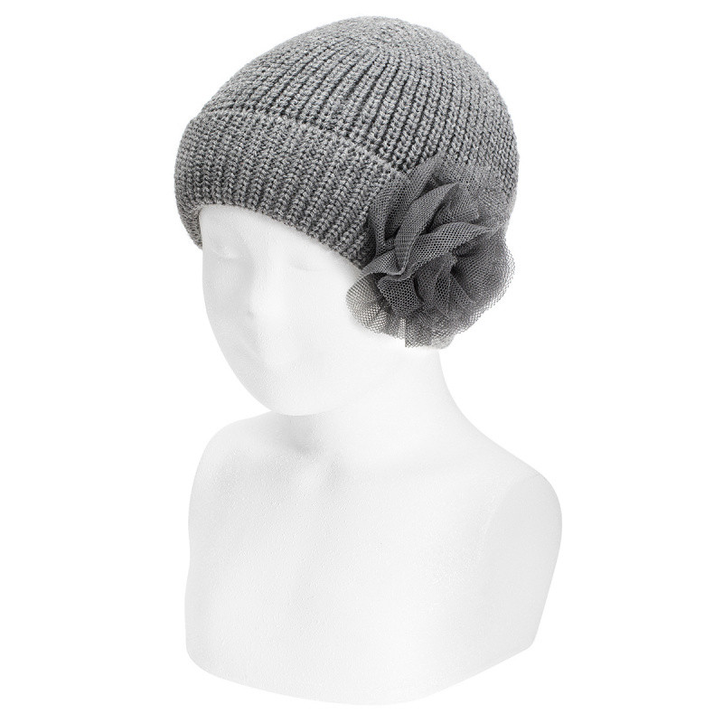 ENGLISH STITCH FOLD-OVER KNIT HAT W/TULLE FLOWER CONDOR - 6