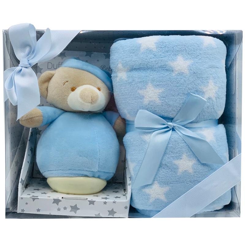 Blue Baby Set Swinging Teddy Bear and Stars Blanket 80x110cm DUFFI - 1
