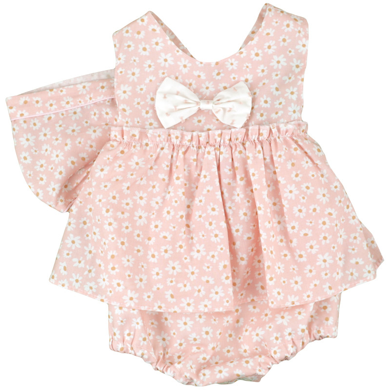 GIRLS FLOWERY DUNGAREE DRESS WITH CAP AND PLUMETI BOW DULCE DE FRESA - 1