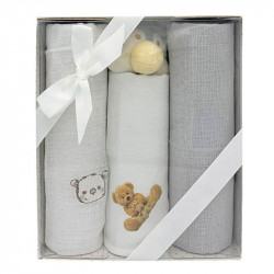 Grey Gift Set 3 Gauze Bears 45x45cm and Rattle Plush DUFFI - 1