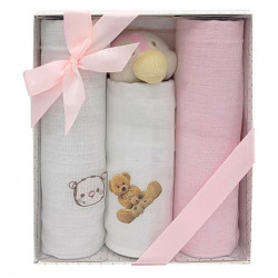 Pink Gift Set 3 Gauze Bears 45x45cm and Rattle Plush DUFFI - 1