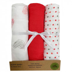 Red Printed Muslin 100% Bamboo 3 Pieces DUFFI - 1