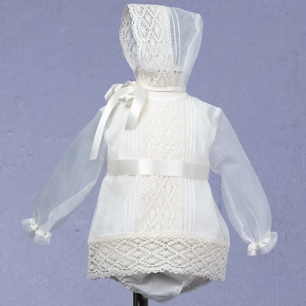 LONG SLEEVE CHRISTENING DRESS WITH KNICKER AND CAP MISHA BABY - 1