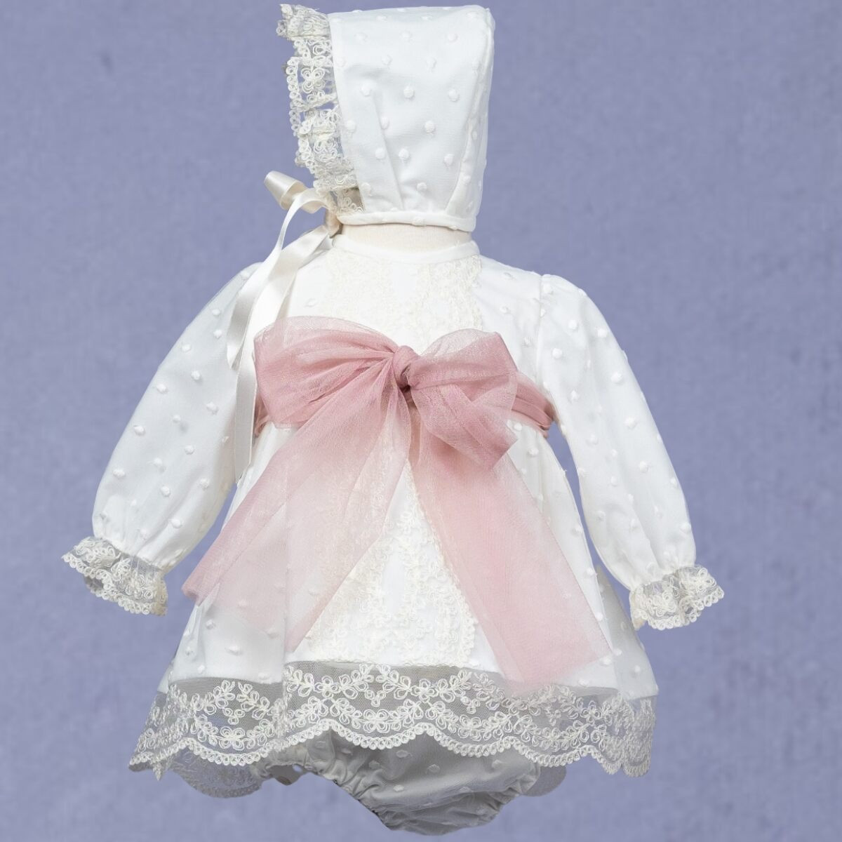 CHRISTENING DRESS WITH BLOOMER AND BONNET MISHA BABY - 3
